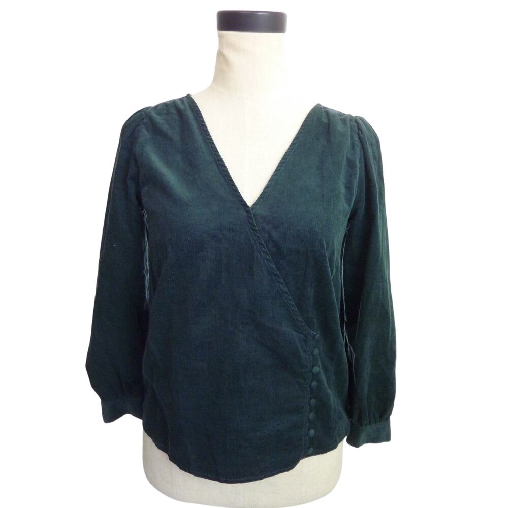 Madewell Corduroy Kinston Side-Button Wrap Top XXS Green Finewale Blouse